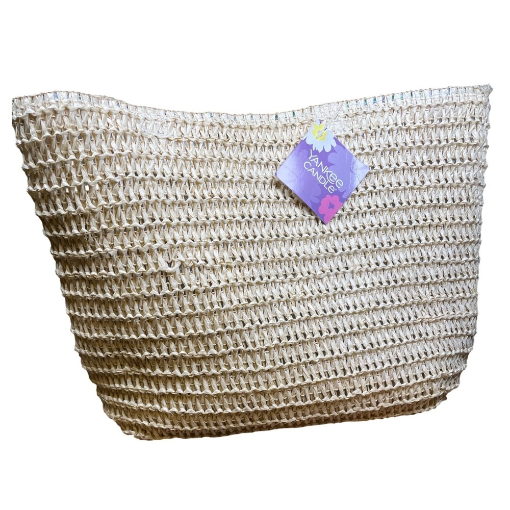 Yankee Candle Straw Tote Bag Floral Lining Beige Woven Beach Handbag NWT‎